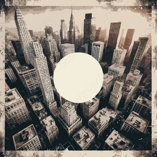 Vintage Urban Skyline: Black & White Aerial View of New York City's Iconic Architecture and Streets
