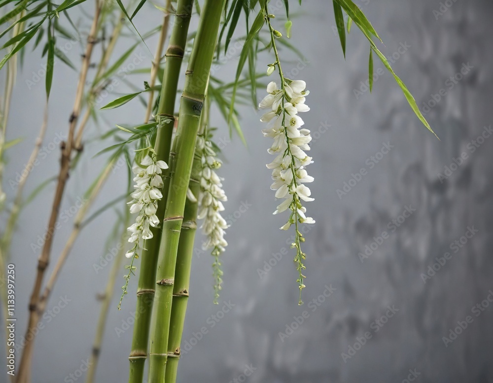 Obraz premium Bamboo cane with small white chrysalises hanging from the tip, garden, chrysalis, outdoor