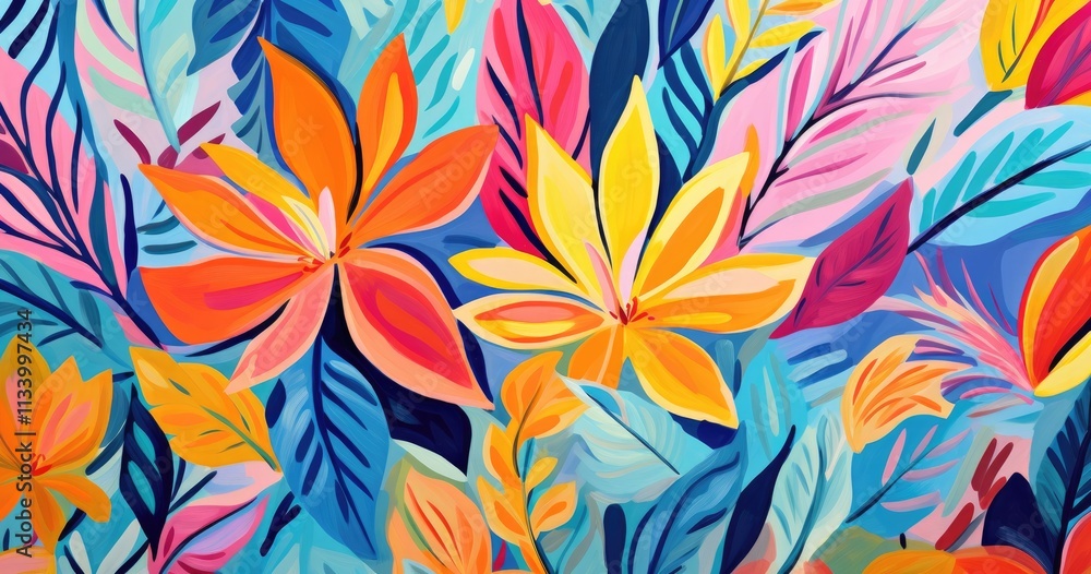 © Gams Images & Videos - beautiful Abstract art pattern with vibrant tropical flowers and leaves in bold colors © Gams Images & Videos - beautiful Abstract art pattern with vibrant tropical flowers and leaves in bold colors