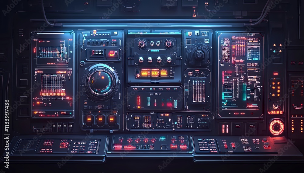 Nuclear power plant reactor control panel, central electrical station with complex interface, digital gauges, and security systems, AI generative design Nuclear power plant reactor control panel, central electrical station with complex interface, digital gauges, and security systems, AI generative design