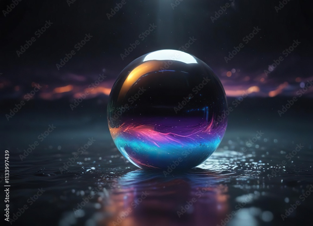 Shimmering iridescent sphere floating in a sea of darkness, sea, shimmering Shimmering iridescent sphere floating in a sea of darkness, sea, shimmering