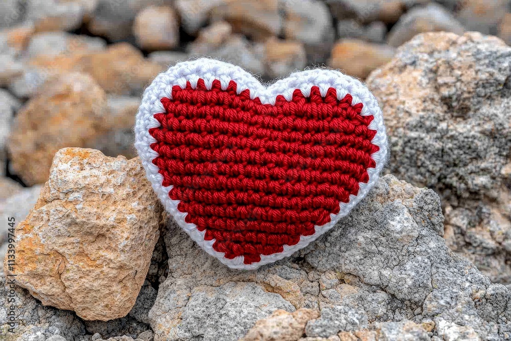 Fototapeta premium Handmade Red Heart Crochet Pattern on Rocks Love Valentines
