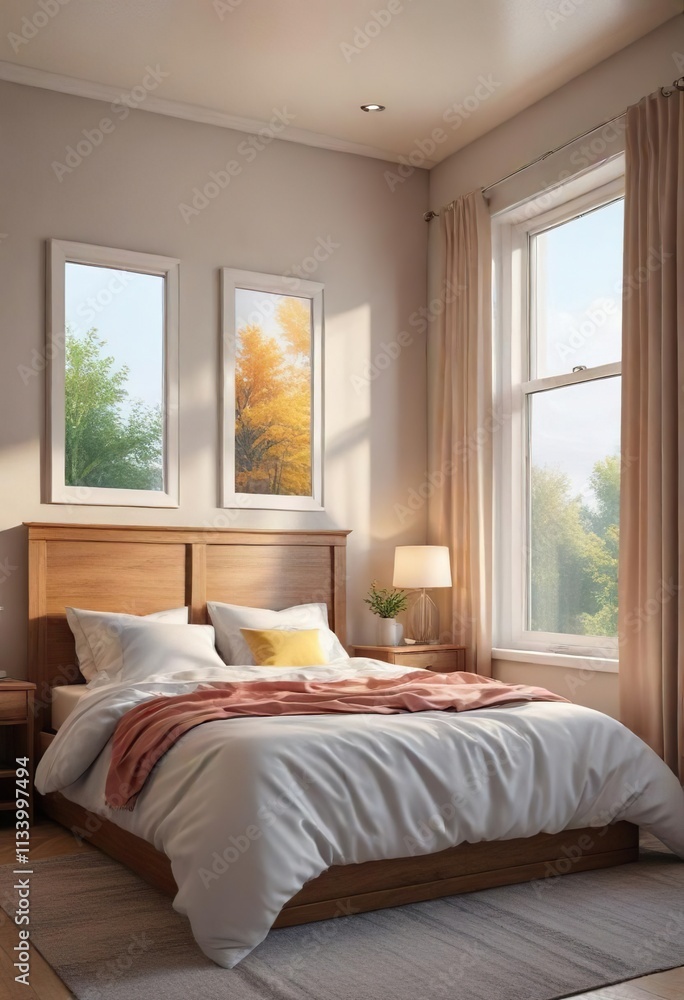 Fototapeta premium Soft and cozy bedroom with double bed under window, soft and cozy bedroom, soft blanket, comfortable bedding