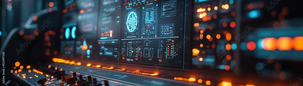 Fototapeta premium Nuclear reactor control panel in an electrical station, hightech digital interface, monitoring systems, and energy regulation, AI generative concept