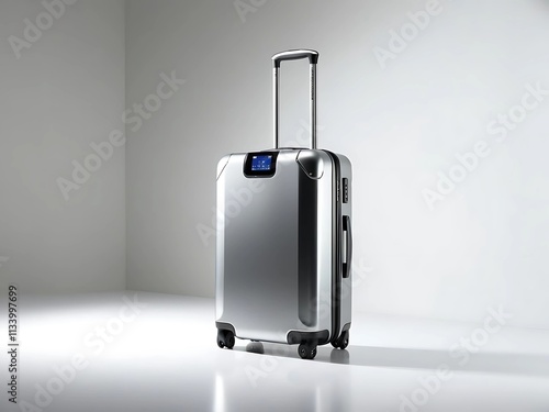 Sleek Modern Smart Suitcase with Metallic Silver Finish, Built-in Digital Screen and Charging Port, Telescopic Handles Extended, Minimalistic White Background
