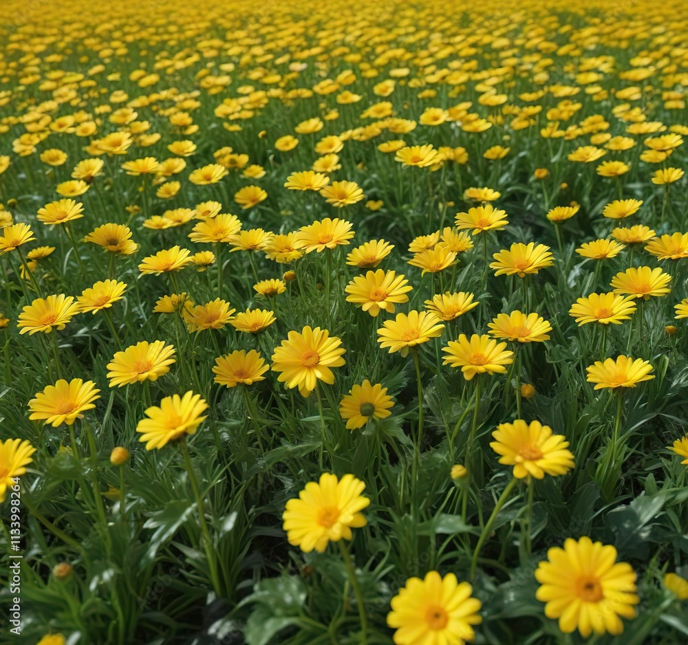 Fototapeta premium A vibrant field of Blossom yellow Chrysanthemum flowers swaying gently in the warm breeze with lush green grass, grass, flowers, garden