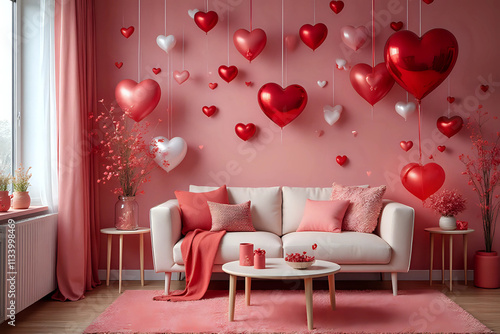 Interior of festive living room decorated with hearts for Valentine's Day celebration