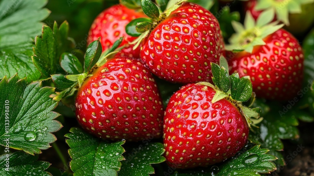 Fresh Red Strawberries with Water Drops Resting on Lush Green Leaves, Perfect for Culinary and Natural Background Concepts in Food Photography Fresh Red Strawberries with Water Drops Resting on Lush Green Leaves, Perfect for Culinary and Natural Background Concepts in Food Photography