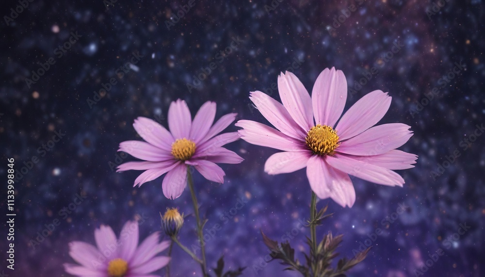 Pastel pink stars in a vast indigo-purple cosmos with delicate silver and gold accents , pastel pink stars, abstract art