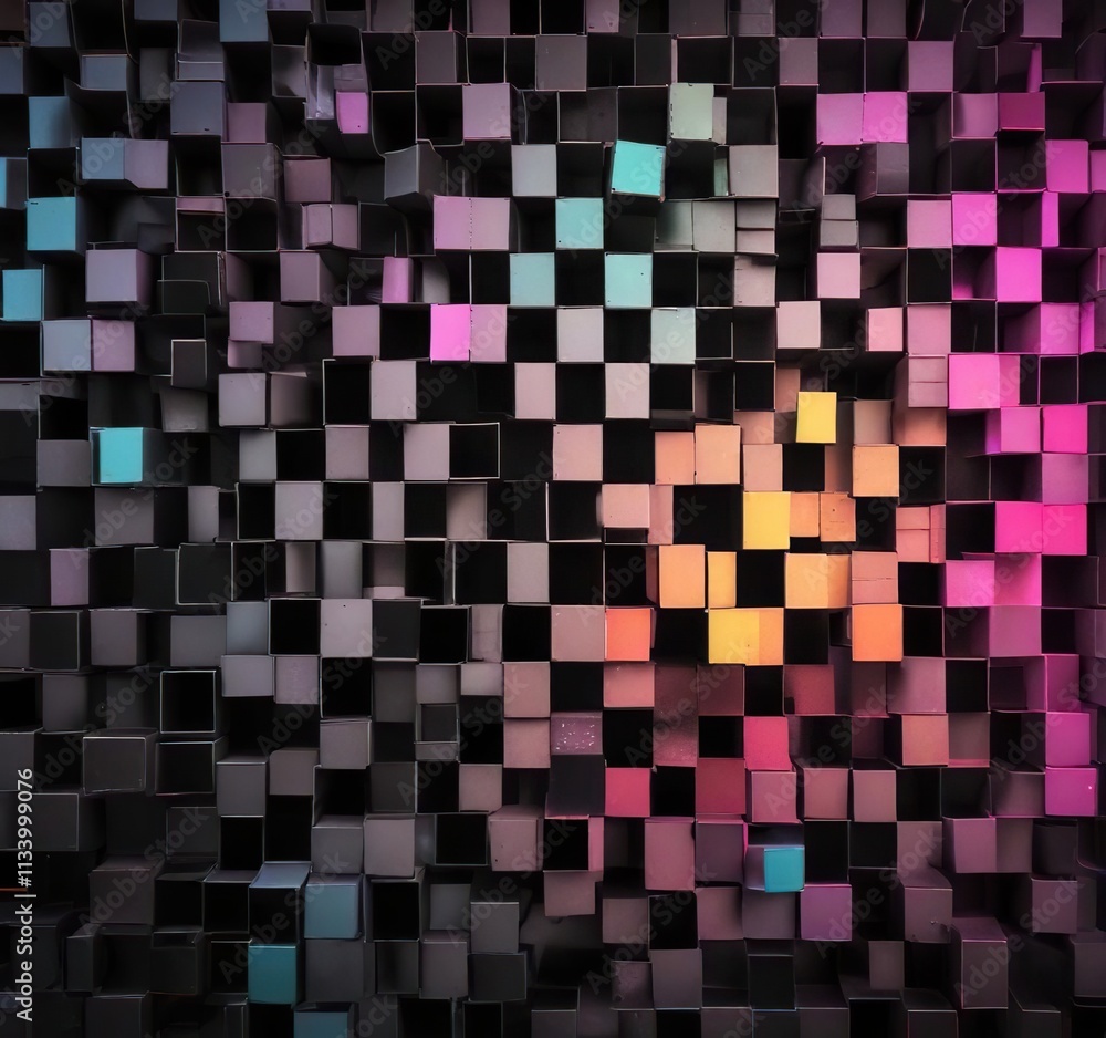 Fototapeta premium A digital art background featuring a unique halftone pattern created from randomly arranged black squares, halftone, square pattern