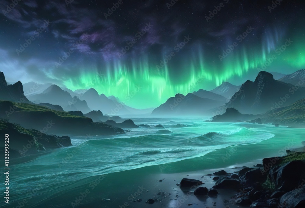 Fototapeta premium Atmospheric misty scene with blue and green gradient aurora waves , peaceful, soothing