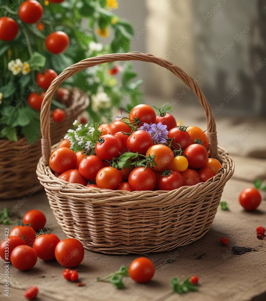 Small tomatoes in a wicker basket with flowers, garden, vegetable, fruit Small tomatoes in a wicker basket with flowers, garden, vegetable, fruit