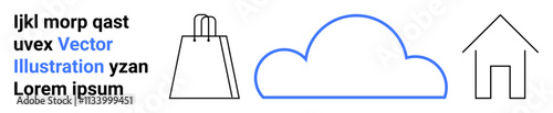 Cloud outlined in blue, shopping bag, and house outline. Alphabet sample beside. Ideal for digital services, cloud solutions, e-commerce, home services web design tech presentations UIUX. Landing