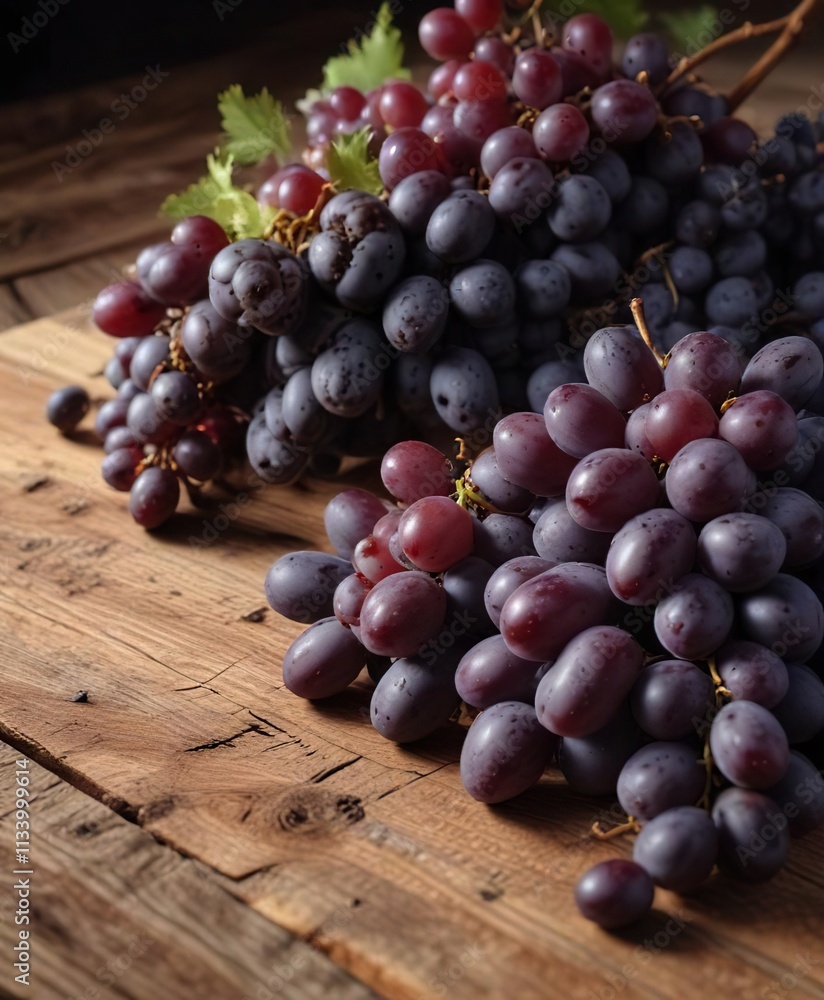 Aglianico del Vulture grapes on a wooden table, autumn harvest, natural wood