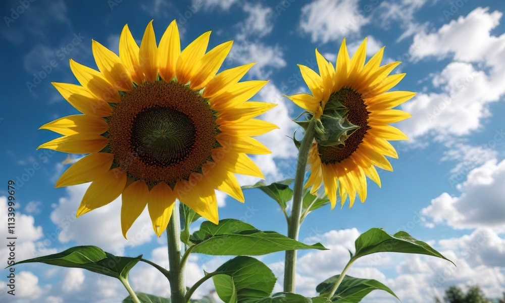 Big bright yellow flower sunflower against a clear blue sky with fluffy white clouds, clear, sky, sunflower Big bright yellow flower sunflower against a clear blue sky with fluffy white clouds, clear, sky, sunflower
