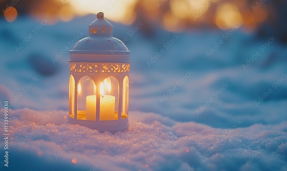 A lantern glowing softly on a snowy landscape at sunset. A lantern glowing softly on a snowy landscape at sunset.