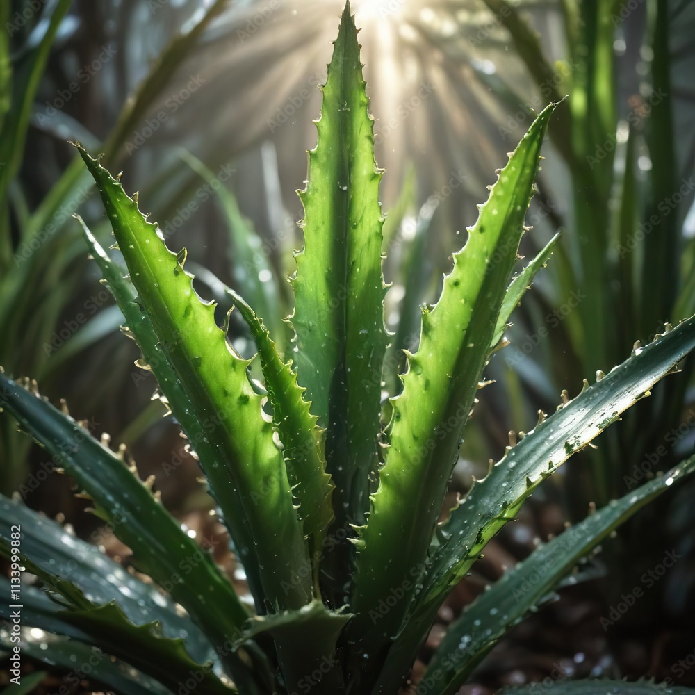 Wet aloe vera plant with sunlight peeking through the leaves, greenery, plant lighting, botanicals Wet aloe vera plant with sunlight peeking through the leaves, greenery, plant lighting, botanicals