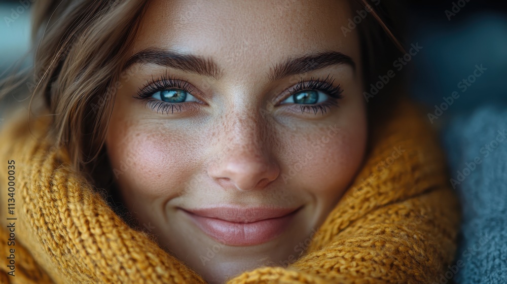 A close-up portrait of a smiling woman with blue eyes, wearing a cozy yellow scarf, conveying warmth and happiness. A close-up portrait of a smiling woman with blue eyes, wearing a cozy yellow scarf, conveying warmth and happiness.