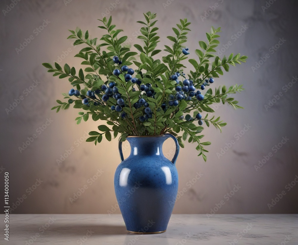 blueberry branches with green leaves in a vase, floral arrangement, bilberry blueberry branches with green leaves in a vase, floral arrangement, bilberry