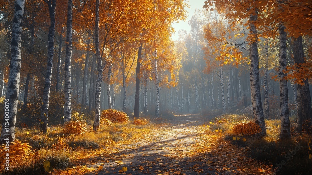 Sunlight streams through tall trees, illuminating the serene forest floor in this tranquil nature scene.