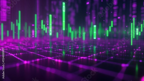 Neon green candlestick graph for 2025 with bright digital grid lines on a dark purple backdrop.