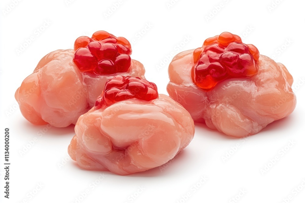 Three raw chicken portions topped with red caviar, isolated on white. Three raw chicken portions topped with red caviar, isolated on white.