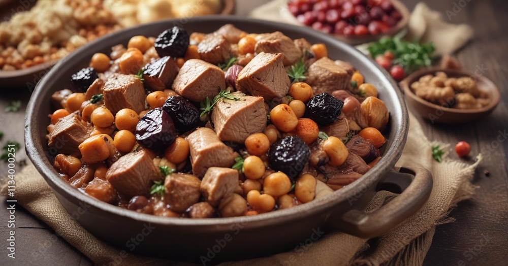 Tender lamb chunks baked with sweet and tangy chickpeas and prunes, chickpea recipe, stewed leg of lamb, comforting meal Tender lamb chunks baked with sweet and tangy chickpeas and prunes, chickpea recipe, stewed leg of lamb, comforting meal