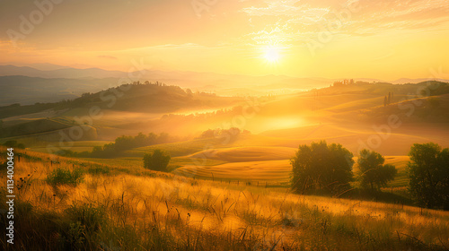 Embrace New Beginnings: A Serene Sunrise Over Rolling Countryside Hills - Nature's Morning Grace