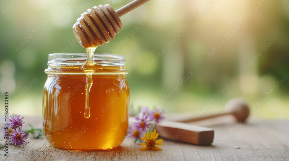 Golden Honey Dripping from Wooden Dipper into Glass Jar Surrounded by Vibrant Flowers and Soft Natural Light in a Rustic Setting Golden Honey Dripping from Wooden Dipper into Glass Jar Surrounded by Vibrant Flowers and Soft Natural Light in a Rustic Setting
