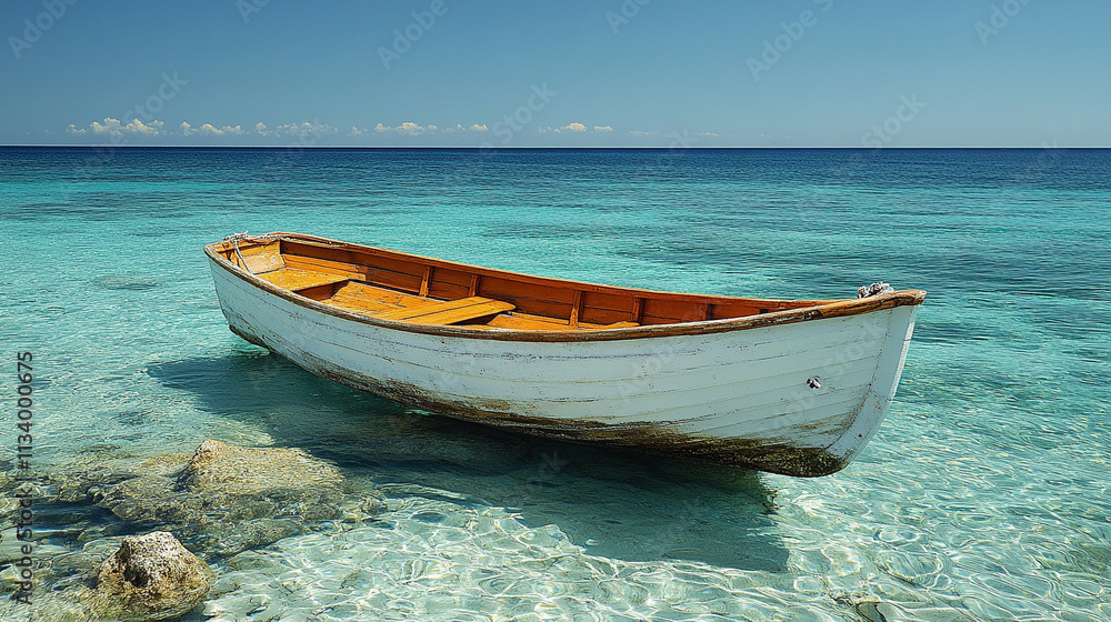 Naklejka premium An old wooden boat rests gently on the sea near the shore, symbolizing tranquility, nostalgia, and a journey. The blurred background creates a sense of calm and contemplation, evoking memories of adve