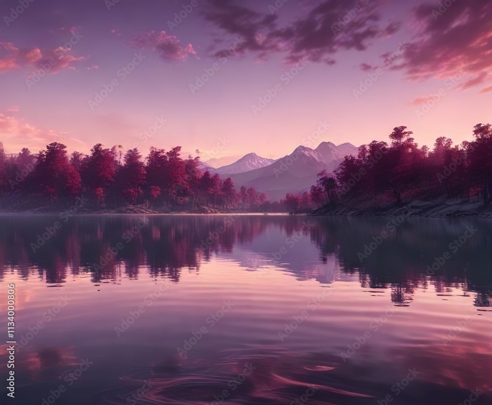 Softly glowing plum waves on a calm lake surface , peaceful scene, Softly glowing plum waves on a calm lake surface , peaceful scene,
