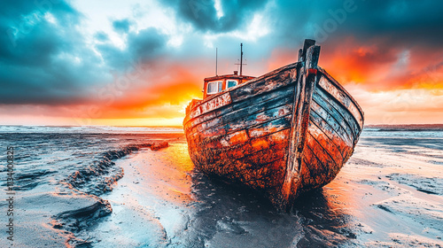 An old wooden boat rests gently on the sea near the shore, symbolizing tranquility, nostalgia, and a journey. The blurred background creates a sense of calm and contemplation, evoking memories of adve photo