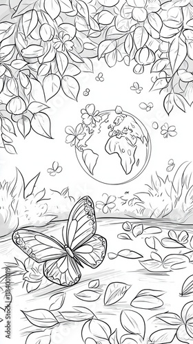 Wallpaper Mural Butterfly, Earth, and Flowers Coloring Page. Torontodigital.ca