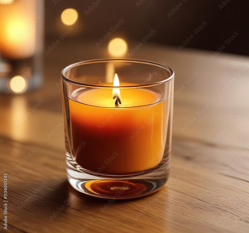 Softly glowing amber candle in a glass holder on a wooden table, soft illumination, warm tones, peaceful ambiance Softly glowing amber candle in a glass holder on a wooden table, soft illumination, warm tones, peaceful ambiance