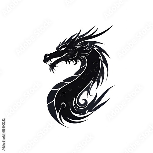 An abstract dragon design with its body shaped like swirling smoke. Featuring flowing curves and sharp edges on a minimalist white background. 