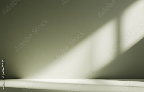 Sunlight illuminates a minimalist interior, casting shadows on a light green wall and white floor.