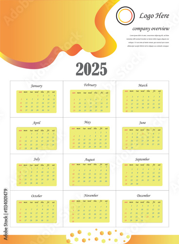 2025 Calendar, Template with Monthly Layout, Corporate Design, yellow and orange Warm Gradient Color calendar, Week Starting Sunday, Editable Vector Calendar for Office or Professional Use