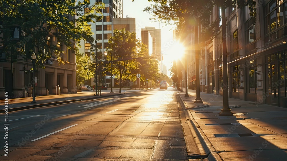 Serene downtown district during early morning hours, empty streets and soft sunlight, vertical orientation. Serene downtown district during early morning hours, empty streets and soft sunlight, vertical orientation.