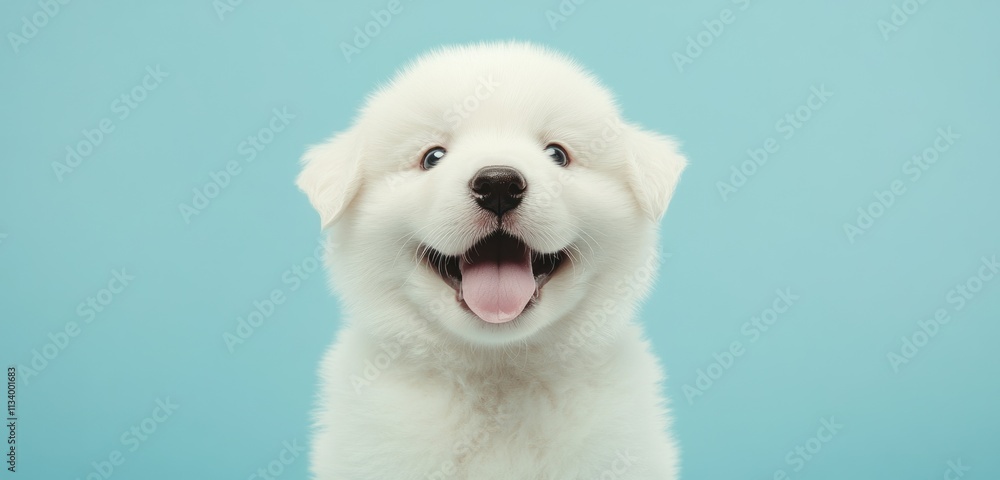 Adorable white puppy smiling against a light blue background. Adorable white puppy smiling against a light blue background.