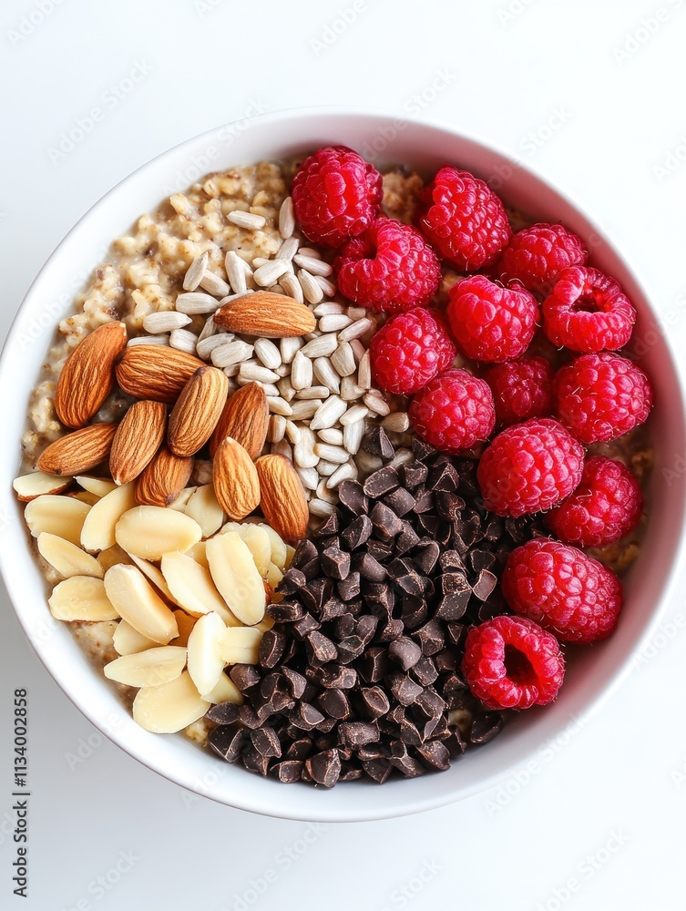 A bowl of oatmeal topped with almonds, sunflower seeds, chocolate chips, and raspberries. A bowl of oatmeal topped with almonds, sunflower seeds, chocolate chips, and raspberries.