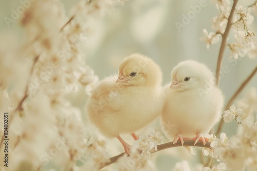 Two fluffy yellow chicks nestled amongst delicate spring blossoms.