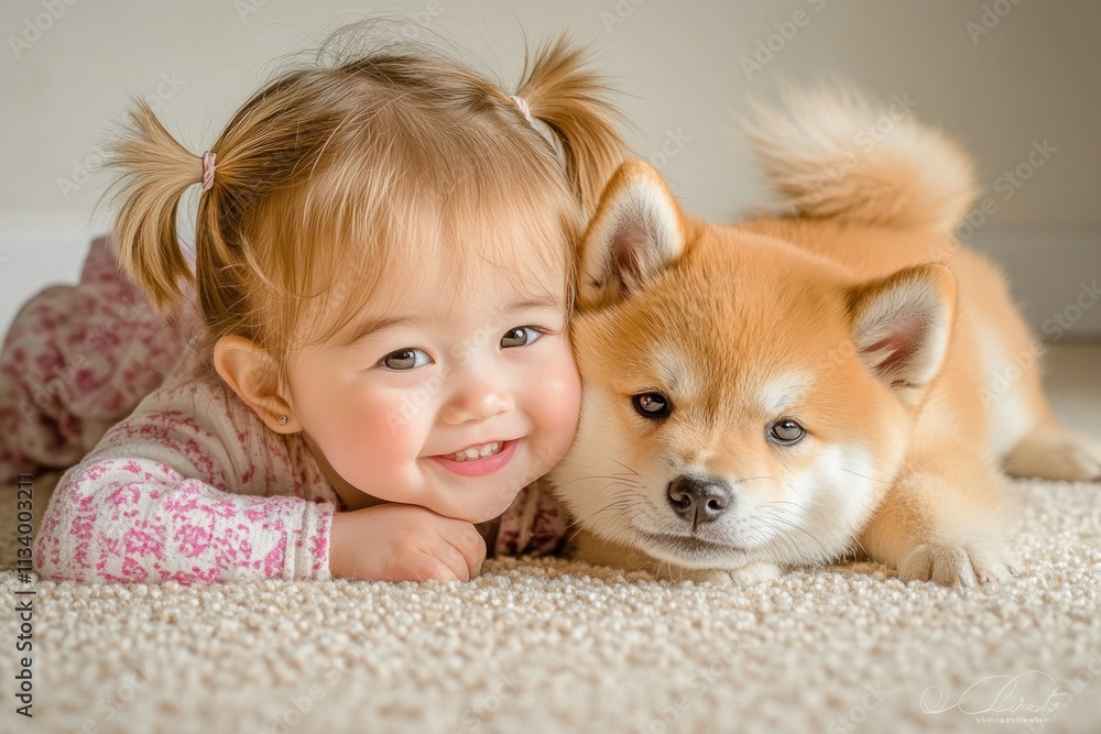 Adorable toddler girl cuddling with a fluffy Shiba Inu puppy on a carpet. Adorable toddler girl cuddling with a fluffy Shiba Inu puppy on a carpet.