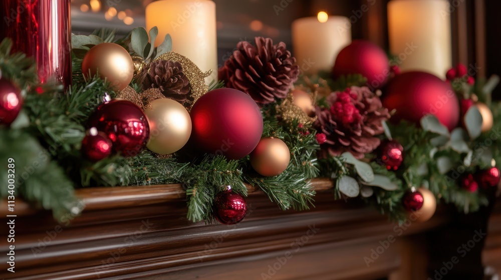 A festive arrangement of red, gold, and natural elements showcases holiday decorations, perfect for seasonal marketing, greeting cards, or social media content to convey warmth and celebration, A festive arrangement of red, gold, and natural elements showcases holiday decorations, perfect for seasonal marketing, greeting cards, or social media content to convey warmth and celebration,