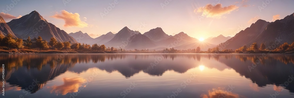 stunning sunrise over calm lake with soft reflections on water and majestic mountains in the background, vast open space for copy space, calm lake, natural beauty stunning sunrise over calm lake with soft reflections on water and majestic mountains in the background, vast open space for copy space, calm lake, natural beauty