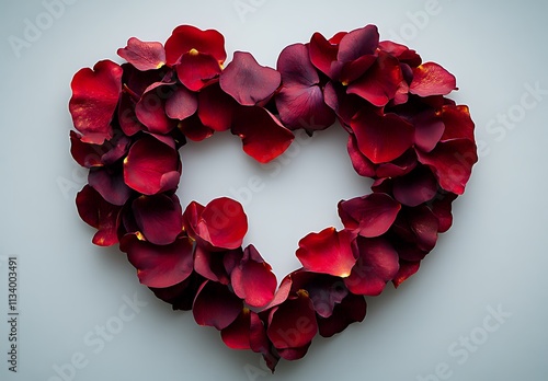 Red rose petals arranged in a heart shape photo