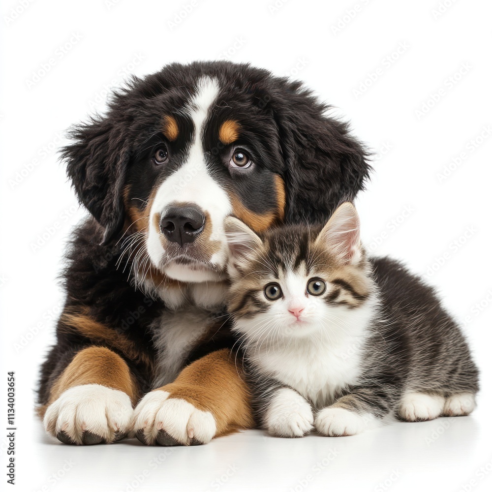 Adorable Bernese Mountain Dog puppy and kitten cuddling together on white background. Adorable Bernese Mountain Dog puppy and kitten cuddling together on white background.