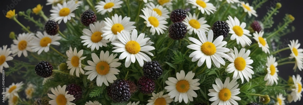 Blackberry and chamomile flower stems intertwined in a lush and vibrant summer bouquet , summer blooms, floral stems