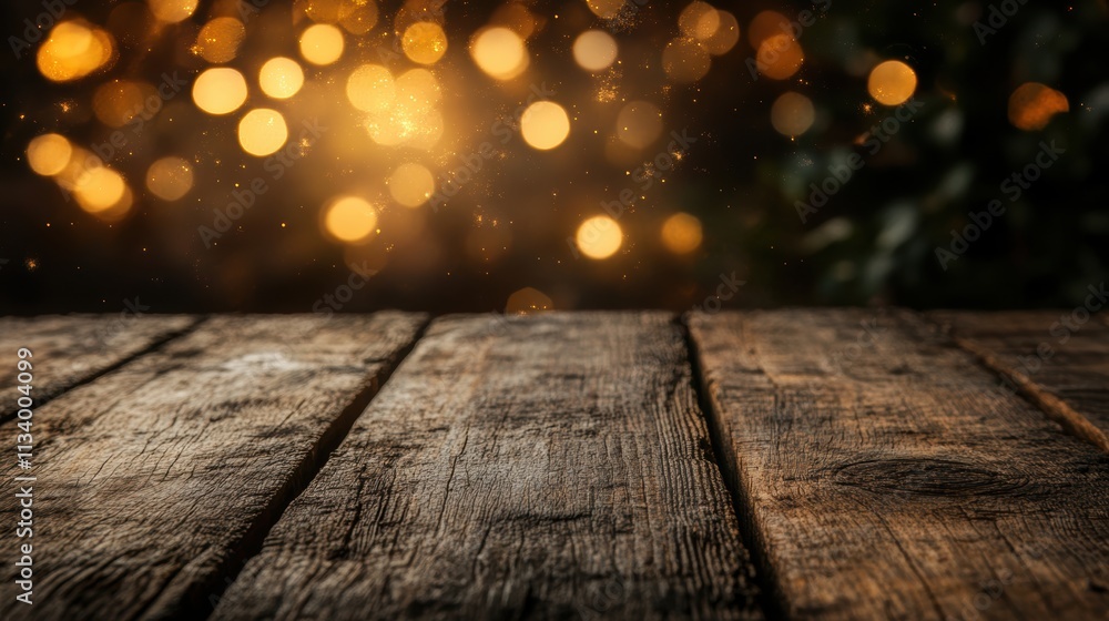 A rustic wooden surface is presented in the foreground, with a sparkling bokeh background of warm golden lights, ideal for festive themes, product displays, or creative overlays, A rustic wooden surface is presented in the foreground, with a sparkling bokeh background of warm golden lights, ideal for festive themes, product displays, or creative overlays,