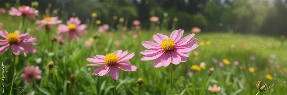 a single small pink flower with bright yellow pollen against a vibrant green meadow backdrop, outdoor scene, small pink flower a single small pink flower with bright yellow pollen against a vibrant green meadow backdrop, outdoor scene, small pink flower