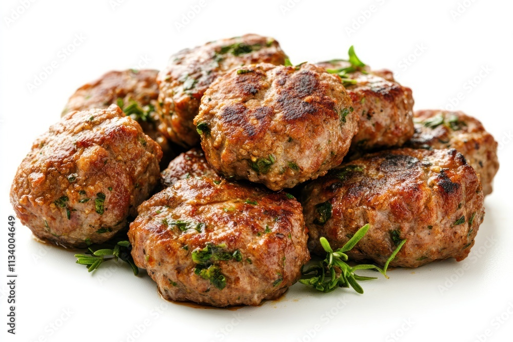 Close-up of a stack of savory, browned meat patties garnished with fresh herbs on a white background. Close-up of a stack of savory, browned meat patties garnished with fresh herbs on a white background.